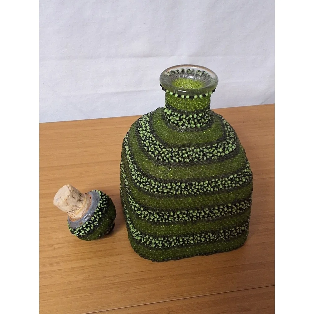 Custom Upcycled Beaded Patron Tequlila Bottle Decanter Green Boho Decor Art